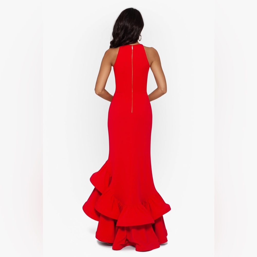 Betsy & Adam Red Asymmetrical Ruffle Gown - Picture 2 of 9